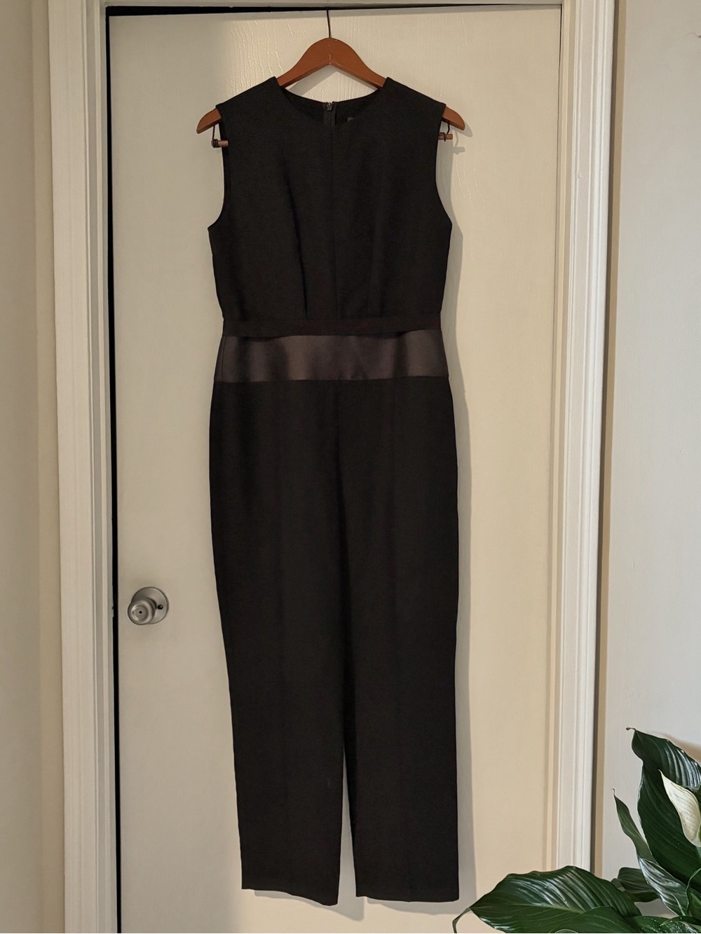 MaxMara Black Sleeveless Tailored Jumpsuit with faux leather trim size 10